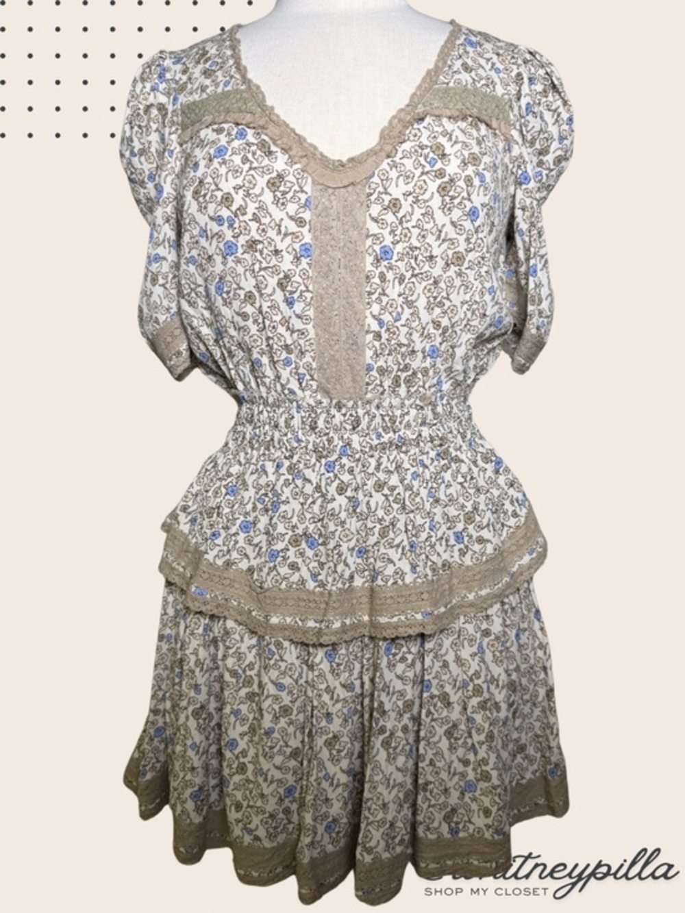 Olivaceous White, Blue, Tan Floral Lace Tiered Cottagecore Mini Dress size M